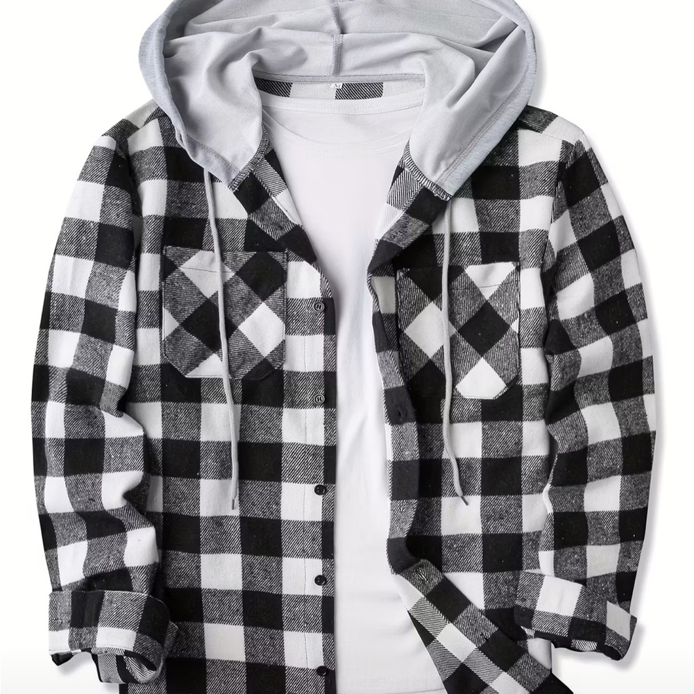 Men's Black and White Checkered Hooded Shirt
